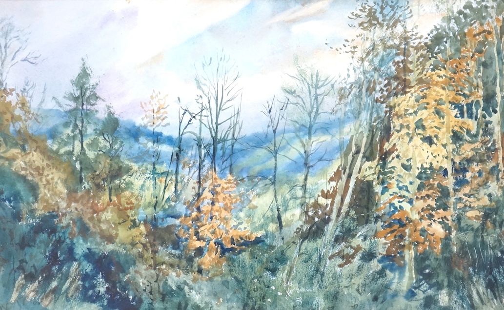 John William Caparne (1855-1940), ‘Woodland landscape’, signed, details verso, watercolour, 27 x 43cm